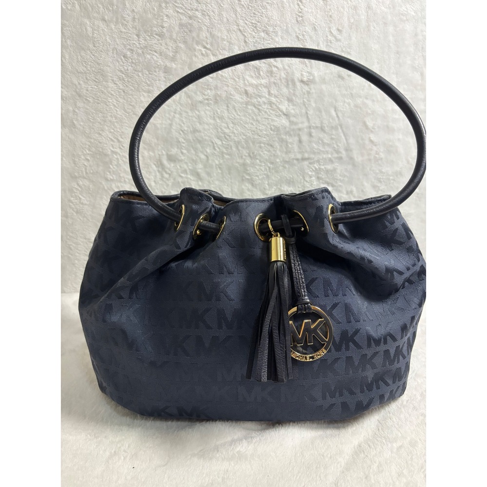 Michael Kors Navy Blue Monogram Jacquard Shoulder Bag Gold Tassel Charm